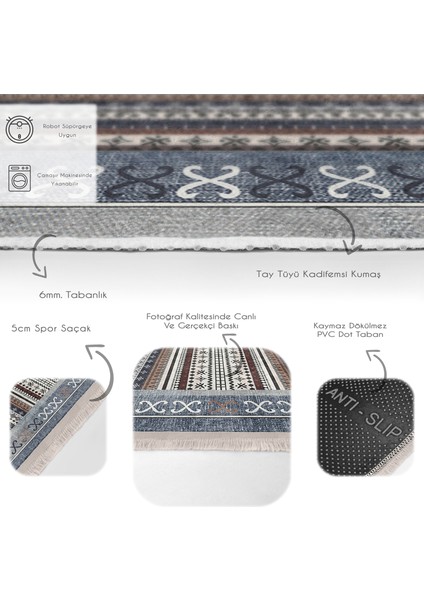 Mavi Zeminde Kilim Motifli Hereke Desenli Etnik Motifler Avangarde Dijital Baskılı Makinede Yıkanabilir Kaymaz Taban Saçaklı Halı fırsatları