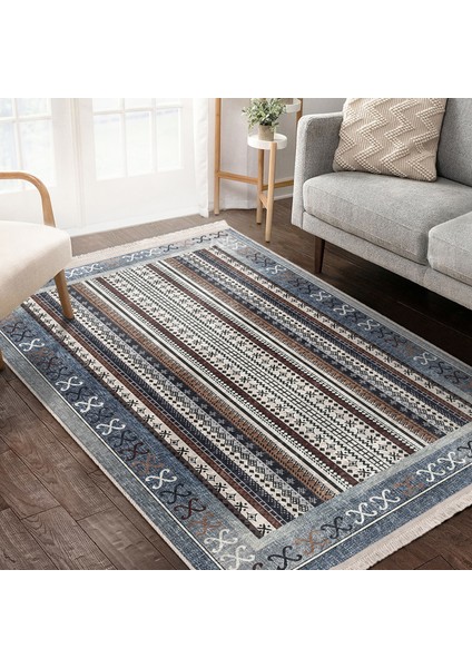 Mavi Zeminde Kilim Motifli Hereke Desenli Etnik Motifler Avangarde Dijital Baskılı Makinede Yıkanabilir Kaymaz Taban Saçaklı Halı indirimleri