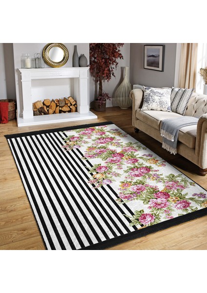 Siyah - Pembe Zeminde Çiçek Motifli Geometrik Desenli Floral Geometrik Dijital Baskılı Makinede Yıkanabilir Kaymaz Taban Saçaklı Halı