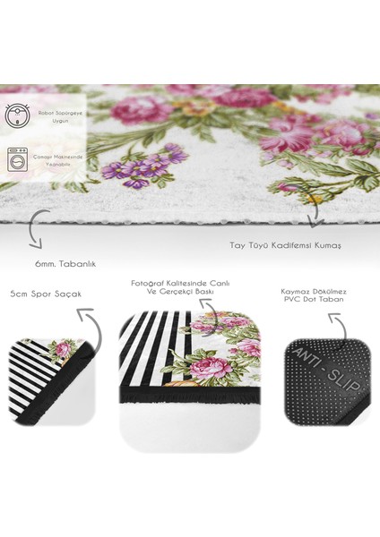 Siyah - Pembe Zeminde Çiçek Motifli Geometrik Desenli Floral Geometrik Dijital Baskılı Makinede Yıkanabilir Kaymaz Taban Saçaklı Halı fırsatları