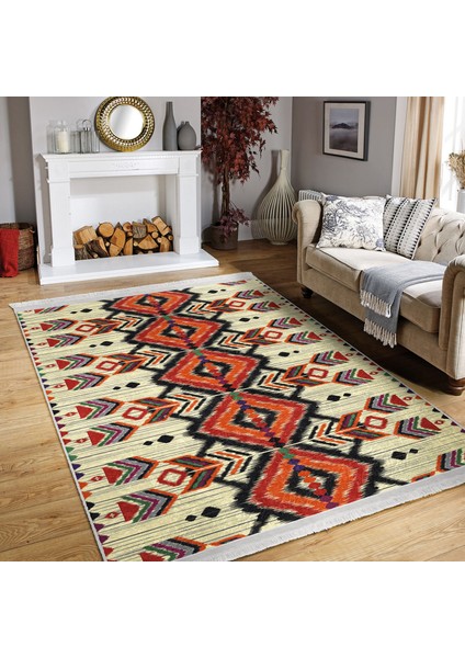 Krem - Bej Zeminde Geleneksel Motifli Geometrik Desenli Etnik Motifler Vintage Dijital Baskılı Makinede Yıkanabilir Kaymaz Taban Saçaklı Halı fiyatları