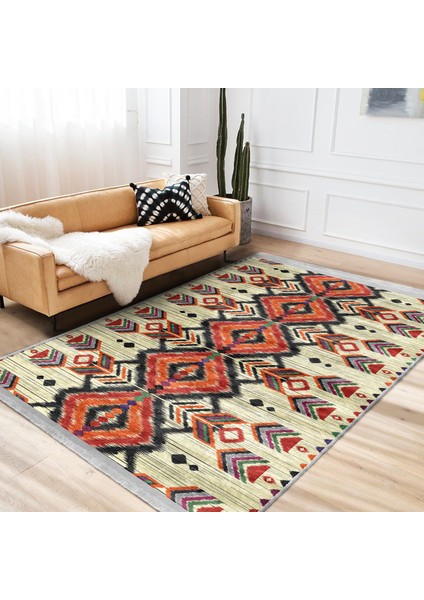 Krem - Bej Zeminde Geleneksel Motifli Geometrik Desenli Etnik Motifler Vintage Dijital Baskılı Makinede Yıkanabilir Kaymaz Taban Saçaklı Halı indirimleri