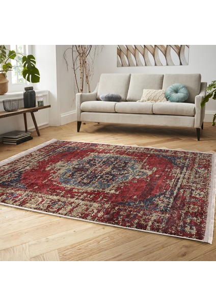 Kırmızı Zeminde Yöresel Motifli Kilim Desenli Eskitme Motifli Avangarde Dijital Baskılı Makinede Yıkanabilir Kaymaz Taban Saçaklı Halı