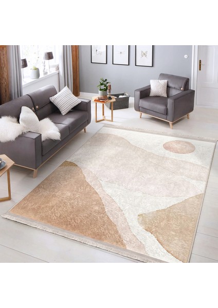 Krem - Kahverengi Zeminde Modern Sanat Motifli Boyama Desenli Bohem Dijital Baskılı Makinede Yıkanabilir Kaymaz Taban Saçaklı Halı modelleri