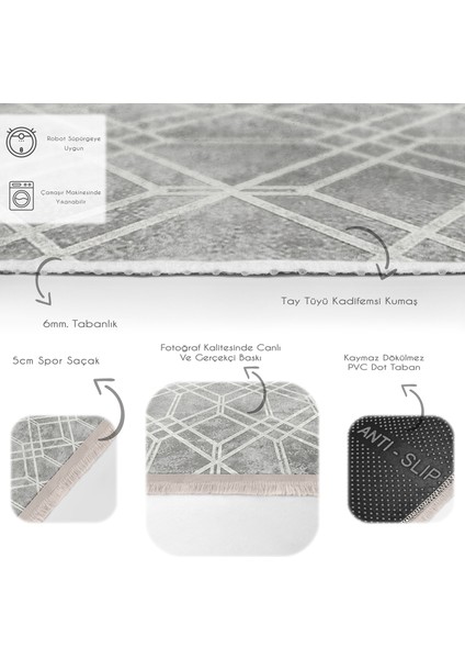 Gri Zeminde Geometrik Motifli Eskitme Desenli Geometrik Eskitme Motifli  Dijital Baskılı Makinede Yıkanabilir Kaymaz Taban Saçaklı Halı