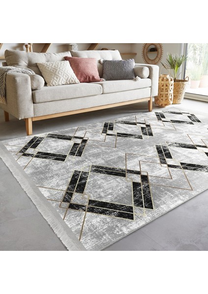 Siyah - Gri Zeminde Mermer Motifli Eskitme Desenli Geometrik Eskitme Motifli Dijital Baskılı Makinede Yıkanabilir Kaymaz Taban Saçaklı Halı modelleri