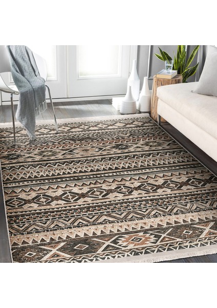 Kahverengi - Krem Zeminde Geleneksel Motifli Kilim Desenli Etnik Motifler Geometrik Dijital Baskılı Makinede Yıkanabilir Kaymaz Taban Saçaklı Halı fiyatları