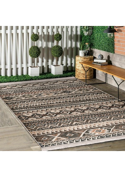 Kahverengi - Krem Zeminde Geleneksel Motifli Kilim Desenli Etnik Motifler Geometrik Dijital Baskılı Makinede Yıkanabilir Kaymaz Taban Saçaklı Halı modelleri
