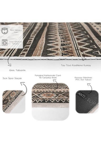 Kahverengi - Krem Zeminde Geleneksel Motifli Kilim Desenli Etnik Motifler Geometrik Dijital Baskılı Makinede Yıkanabilir Kaymaz Taban Saçaklı Halı fırsatları