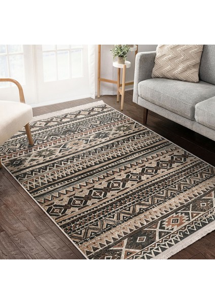 Kahverengi - Krem Zeminde Geleneksel Motifli Kilim Desenli Etnik Motifler Geometrik Dijital Baskılı Makinede Yıkanabilir Kaymaz Taban Saçaklı Halı indirimleri