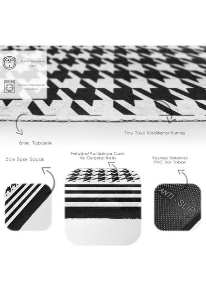 Siyah - Beyaz Zeminde Kazayağı Motifli Geometrik Desenli Geometrik Klasik Dijital Baskılı Makinede Yıkanabilir Kaymaz Taban Saçaklı Halı