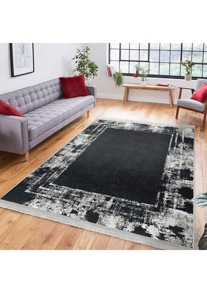 Füme - Beyaz Zeminde Çerçeveli Motifli Dokuma Halı Desenli Eskitme Motifli Vintage Dijital Baskılı Makinede Yıkanabilir Kaymaz Taban Saçaklı Halı
