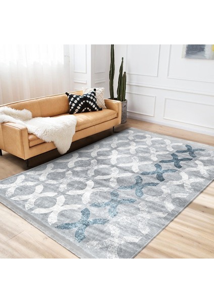 Gri Zeminde Dokuma Halı Motifli Geometrik Desenli Geometrik Baskılı Makinede Yıkanabilir Kaymaz Taban Saçaklı Halı
