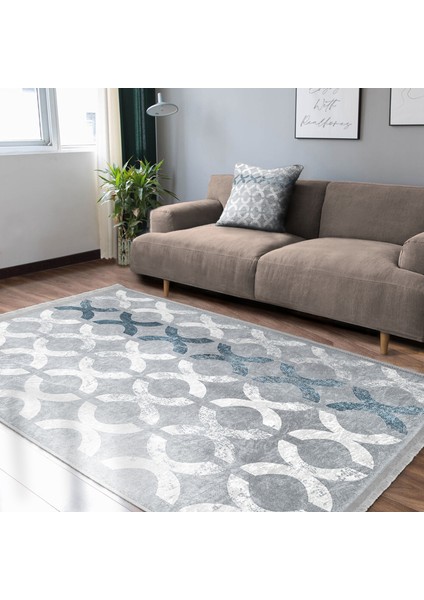 Gri Zeminde Dokuma Halı Motifli Geometrik Desenli Geometrik Baskılı Makinede Yıkanabilir Kaymaz Taban Saçaklı Halı