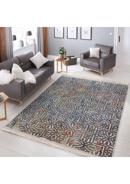 Gri Zeminde Eskitme Motifli Geometrik Desenli Eskitme Motifli Geometrik Dijital Baskılı Makinede Yıkanabilir Kaymaz Taban Saçaklı Halı