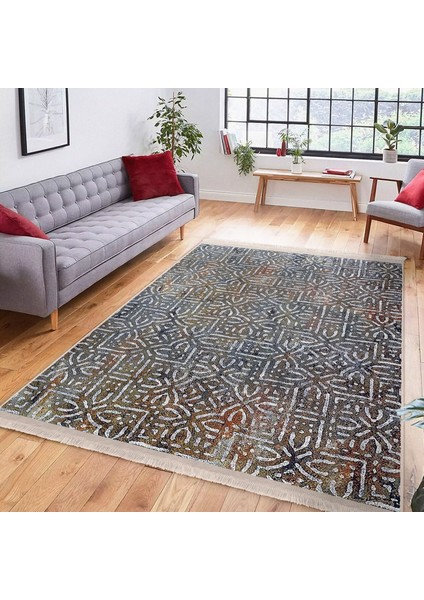 Gri Zeminde Eskitme Motifli Geometrik Desenli Eskitme Motifli Geometrik Dijital Baskılı Makinede Yıkanabilir Kaymaz Taban Saçaklı Halı