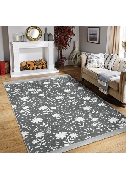 Gri - Beyaz Zeminde Yaprak Motifli Floral Desenli Floral Dijital Baskılı Makinede Yıkanabilir Kaymaz Taban Saçaklı Halı