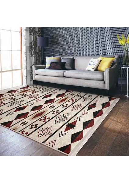 Krem - Kahverengi Zeminde Yöresel Motifli Geometrik Desenli Etnik Motifler Vintage Dijital Baskılı Makinede Yıkanabilir Kaymaz Taban Saçaklı Halı fiyatları