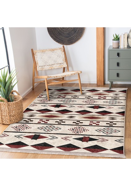 Krem - Kahverengi Zeminde Yöresel Motifli Geometrik Desenli Etnik Motifler Vintage Dijital Baskılı Makinede Yıkanabilir Kaymaz Taban Saçaklı Halı modelleri