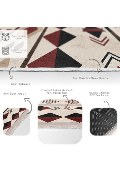 Krem - Kahverengi Zeminde Yöresel Motifli Geometrik Desenli Etnik Motifler Vintage Dijital Baskılı Makinede Yıkanabilir Kaymaz Taban Saçaklı Halı fırsatları