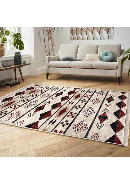 Krem - Kahverengi Zeminde Yöresel Motifli Geometrik Desenli Etnik Motifler Vintage Dijital Baskılı Makinede Yıkanabilir Kaymaz Taban Saçaklı Halı indirimleri