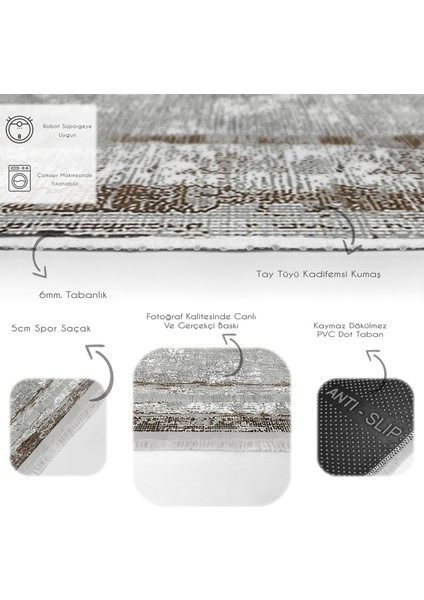 Gri - Kahverengi Zeminde Antik Motifli Eskitme Desenli Eskitme Motifli Klasik Dijital Baskılı Makinede Yıkanabilir Kaymaz Taban Saçaklı Halı