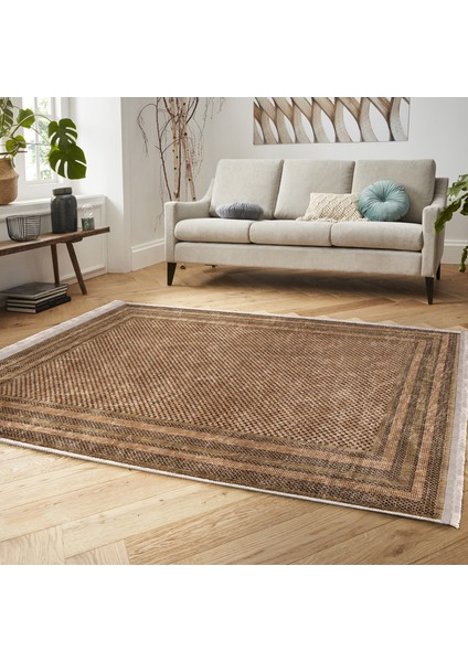 Kahverengi Zeminde Hasır Motifli Jüt Desenli Vintage Klasik Dış Mekan & Outdoor Yatak Odası Dijital Baskılı Makinede Yıkanabilir Kaymaz Taban Saçaklı Halı