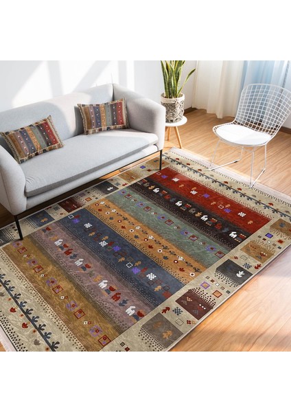 Krem - Kırmızı Zeminde Otantik Motifli Kilim Desenli Etnik Motifler Vintage Dijital Baskılı Makinede Yıkanabilir Kaymaz Taban Saçaklı Halı