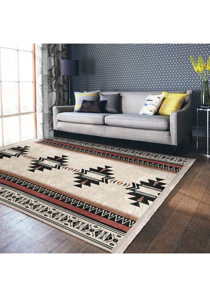Ekru Zeminde Vintage Motifli Geleneksel Desenli Geometrik Etnik Motifler Dijital Baskılı Makinede Yıkanabilir Kaymaz Taban Saçaklı Halı