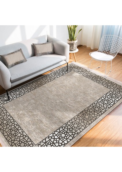Krem Zeminde Osmanlı Motifli Art Deco Desenli Geometrik Avangarde Dijital Baskılı Makinede Yıkanabilir Kaymaz Taban Saçaklı Halı