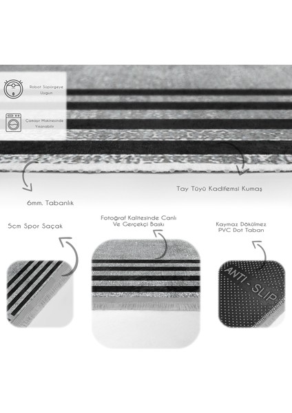 Siyah - Gri Zeminde Çerçeveli Motifli Dokuma Halı Desenli Geometrik Klasik Dijital Baskılı Makinede Yıkanabilir Kaymaz Taban Saçaklı Halı