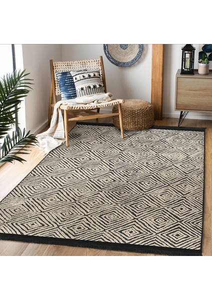 Kahverengi Zeminde Kilim Motifli Dokuma Halı Desenli Geometrik Dijital Baskılı Makinede Yıkanabilir Kaymaz Taban Saçaklı Halı
