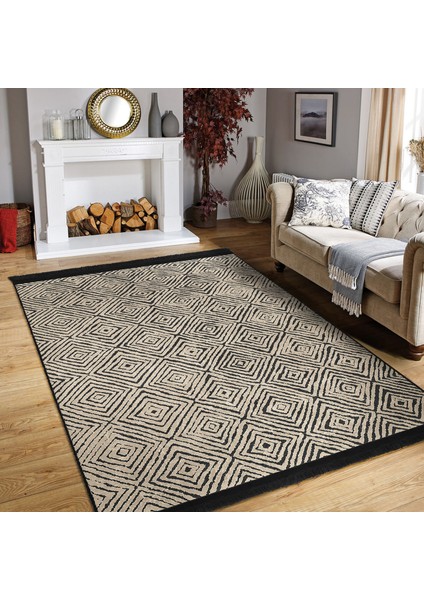 Kahverengi Zeminde Kilim Motifli Dokuma Halı Desenli Geometrik Dijital Baskılı Makinede Yıkanabilir Kaymaz Taban Saçaklı Halı