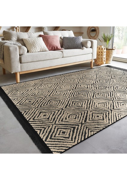 Kahverengi Zeminde Kilim Motifli Dokuma Halı Desenli Geometrik Dijital Baskılı Makinede Yıkanabilir Kaymaz Taban Saçaklı Halı