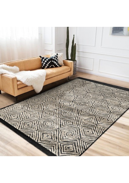 Kahverengi Zeminde Kilim Motifli Dokuma Halı Desenli Geometrik Dijital Baskılı Makinede Yıkanabilir Kaymaz Taban Saçaklı Halı