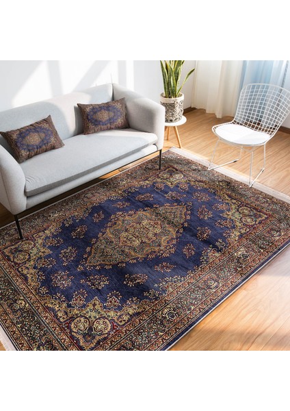 Lacivert Zeminde Uşak Motifli Yöresel Desenli Avangarde Vintage Salon & Oturma Odası Dış Mekan & Outdoor Dijital Baskılı Makinede Yıkanabilir Kaymaz Taban Saçaklı Halı