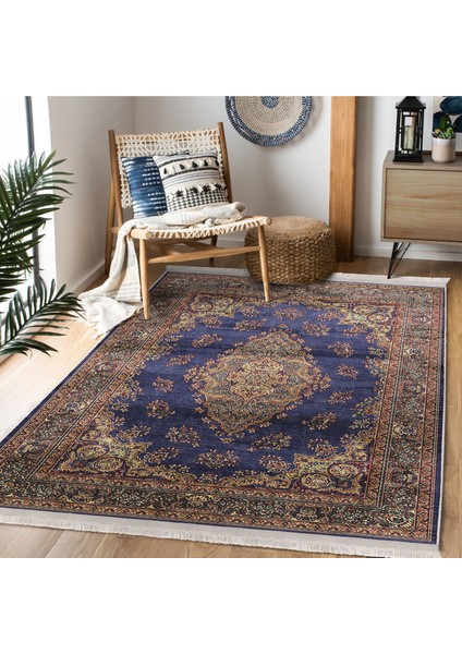 Lacivert Zeminde Uşak Motifli Yöresel Desenli Avangarde Vintage Salon & Oturma Odası Dış Mekan & Outdoor Dijital Baskılı Makinede Yıkanabilir Kaymaz Taban Saçaklı Halı fiyatları