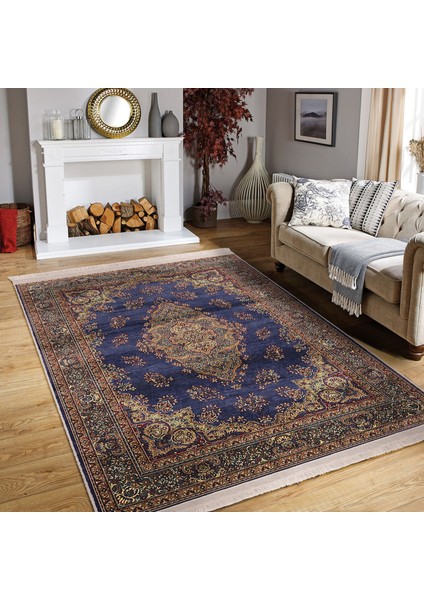 Lacivert Zeminde Uşak Motifli Yöresel Desenli Avangarde Vintage Salon & Oturma Odası Dış Mekan & Outdoor Dijital Baskılı Makinede Yıkanabilir Kaymaz Taban Saçaklı Halı modelleri
