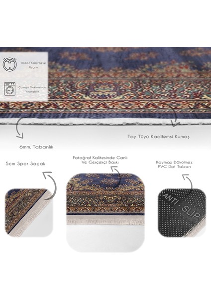 Lacivert Zeminde Uşak Motifli Yöresel Desenli Avangarde Vintage Salon & Oturma Odası Dış Mekan & Outdoor Dijital Baskılı Makinede Yıkanabilir Kaymaz Taban Saçaklı Halı fırsatları