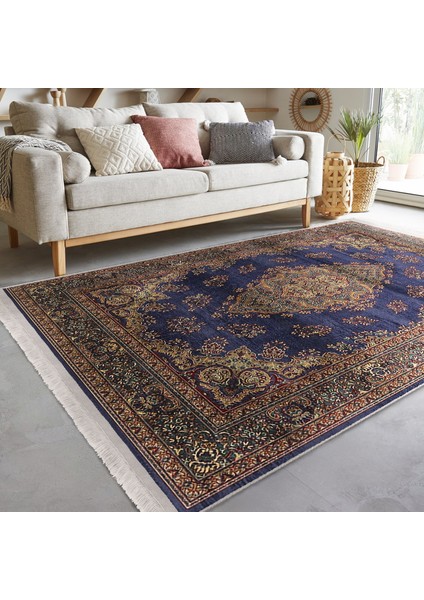 Lacivert Zeminde Uşak Motifli Yöresel Desenli Avangarde Vintage Salon & Oturma Odası Dış Mekan & Outdoor Dijital Baskılı Makinede Yıkanabilir Kaymaz Taban Saçaklı Halı indirimleri