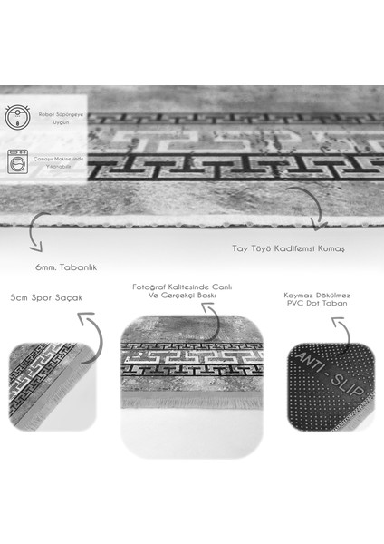 Gri - Siyah Zeminde Çerçeveli Motifli Antik Desenli Eskitme Motifli Geometrik Dijital Baskılı Makinede Yıkanabilir Kaymaz Taban Saçaklı Halı fırsatları