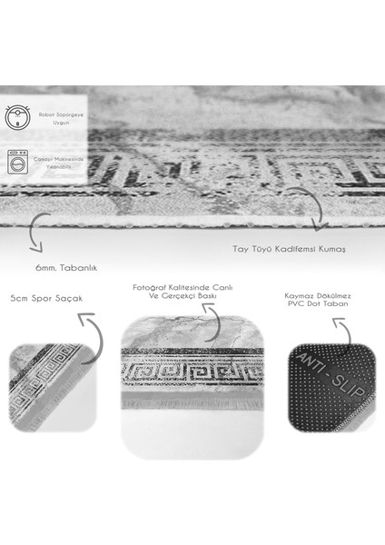 Gri Zeminde Çerçeveli Motifli Eskitme Desenli Eskitme Motifli Klasik Dijital Baskılı Makinede Yıkanabilir Kaymaz Taban Saçaklı Halı