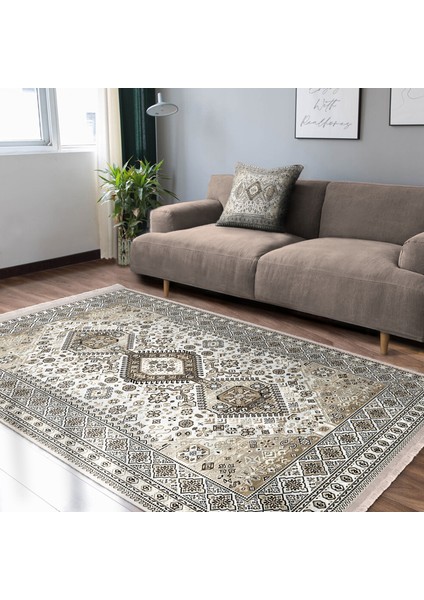 Bej Zeminde Hereke Motifli Kilim Desenli Vintage Klasik Dijital Baskılı Makinede Yıkanabilir Kaymaz Taban Saçaklı Halı