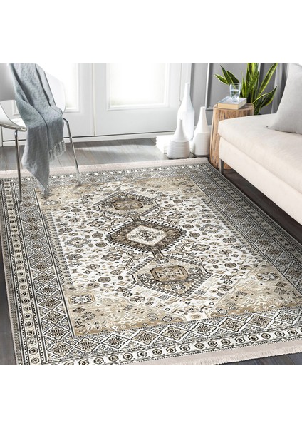 Bej Zeminde Hereke Motifli Kilim Desenli Vintage Klasik Dijital Baskılı Makinede Yıkanabilir Kaymaz Taban Saçaklı Halı modelleri