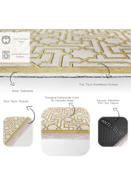Gold - Krem Zeminde Çerçeveli Motifli Geometrik Desenli Geometrik Geometrik Dijital Baskılı Makinede Yıkanabilir Kaymaz Taban Saçaklı Halı