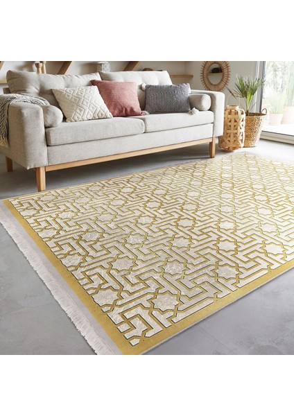 Gold - Krem Zeminde Çerçeveli Motifli Geometrik Desenli Geometrik Geometrik Dijital Baskılı Makinede Yıkanabilir Kaymaz Taban Saçaklı Halı