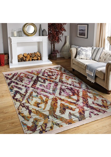 Krem Zeminde Ikat Motifli Etnik Desenli Geometrik Eskitme Motifli Dijital Baskılı Makinede Yıkanabilir Kaymaz Taban Saçaklı Halı