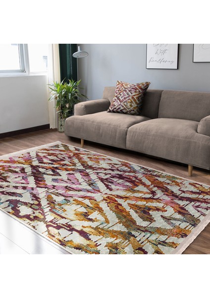 Krem Zeminde Ikat Motifli Etnik Desenli Geometrik Eskitme Motifli Dijital Baskılı Makinede Yıkanabilir Kaymaz Taban Saçaklı Halı indirimleri
