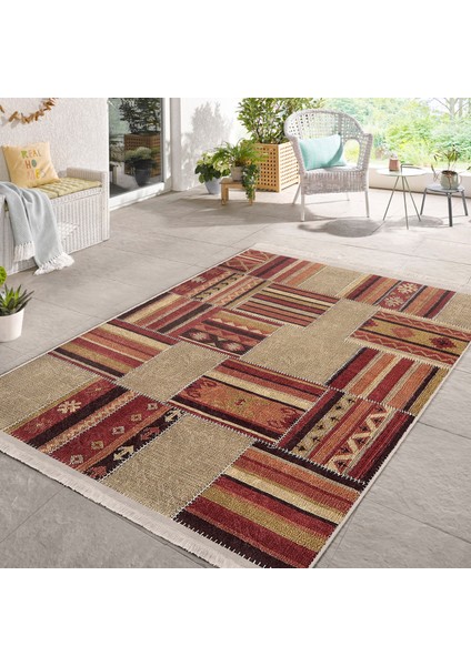 Krem - Kahverengi Zeminde Patchwork Motifli Etnik Desenli Etnik Motifler Vintage Dijital Baskılı Makinede Yıkanabilir Kaymaz Taban Saçaklı Halı fiyatları