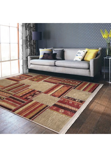Krem - Kahverengi Zeminde Patchwork Motifli Etnik Desenli Etnik Motifler Vintage Dijital Baskılı Makinede Yıkanabilir Kaymaz Taban Saçaklı Halı modelleri